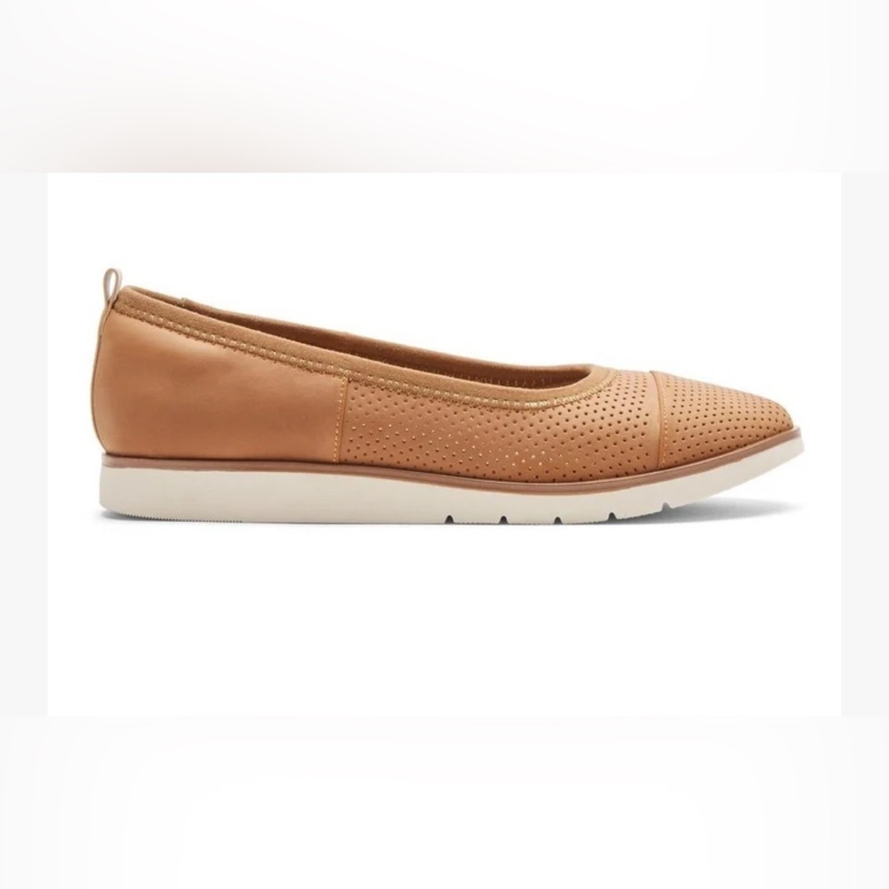 Rockport Womens Stacie Tan Faux Leather Perforated Ballet Flats Shoes Size 9